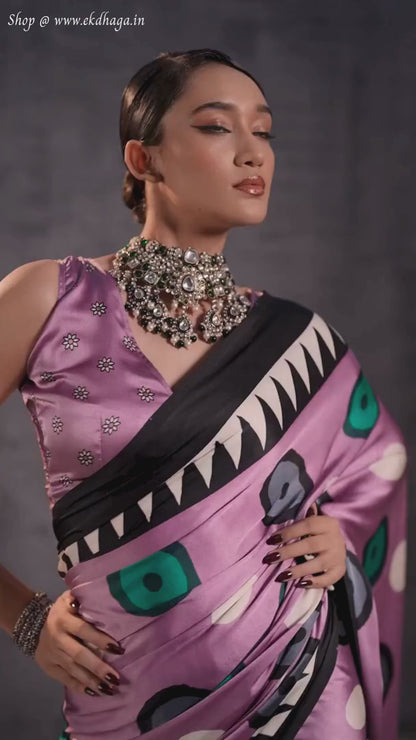 Lilac Purple Printed Satin Silk Saree