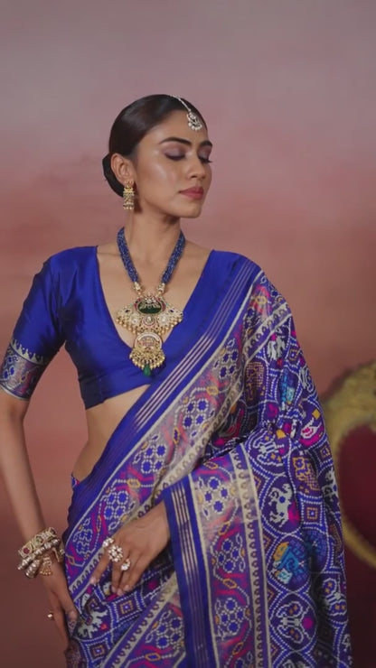 Blueberry Blue Printed Patola Silk Saree