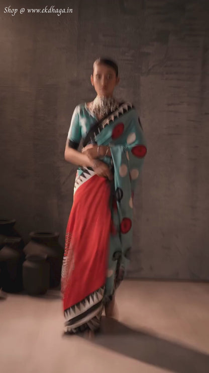 Azure Blue Printed Satin Silk Saree