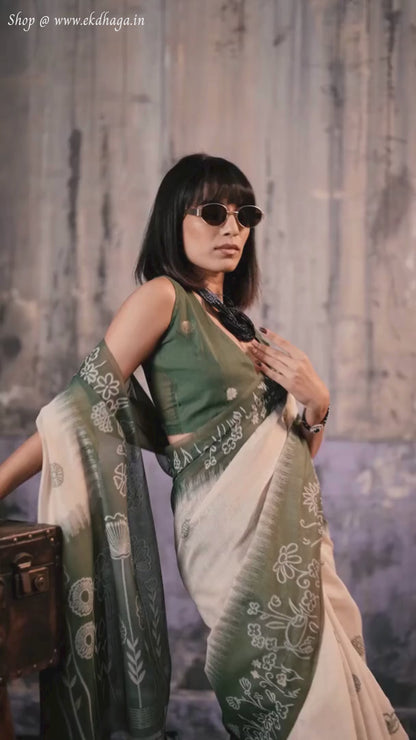 Unique Green Printed Cotton Silk Saree