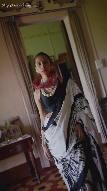 Black & White Printed Satin Silk Saree