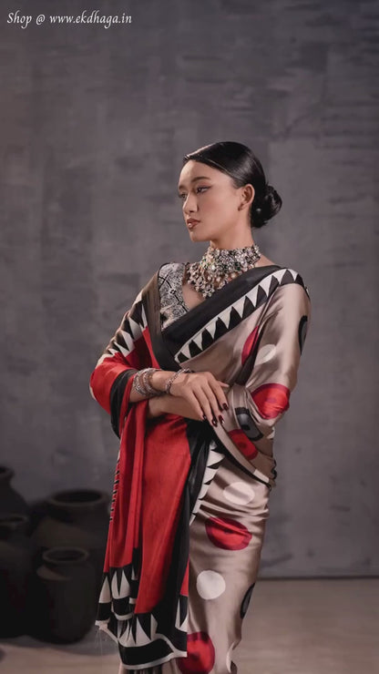 Dove Gray Printed Satin Silk Saree