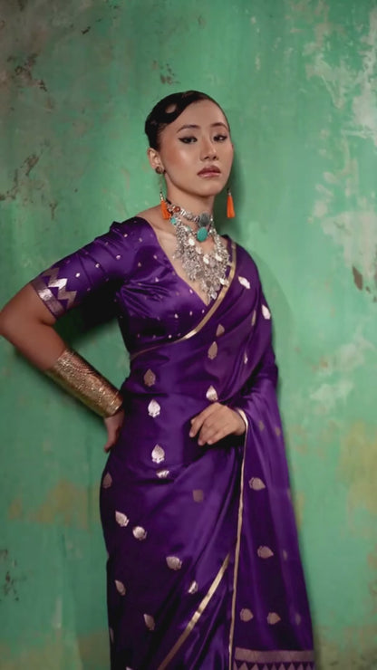 Grape Violet Woven Banarasi Satin Silk Saree