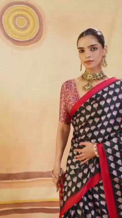 Midnight Black Printed Satin Silk Saree