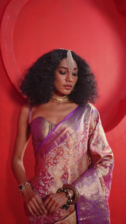 Shiny Pink Duel Tone Woven Kanjivaram Silk Saree