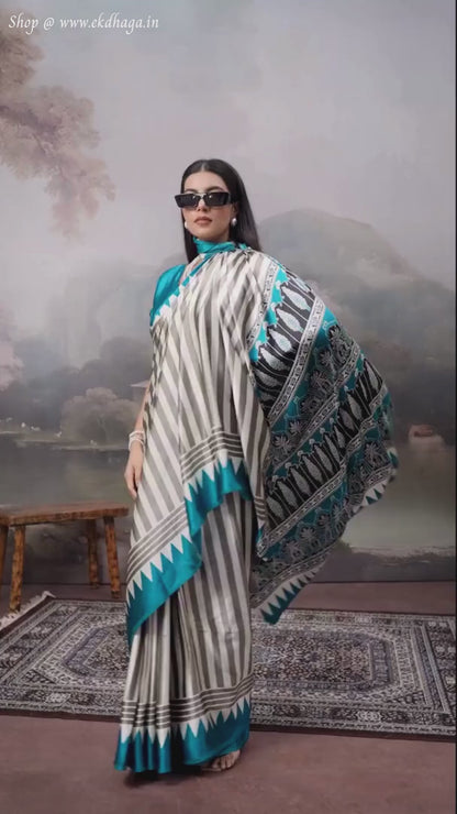 Sky Blue & White Printed Satin Silk Saree