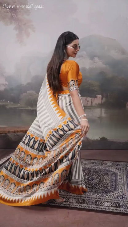 Yellow & White Printed Satin Silk Saree
