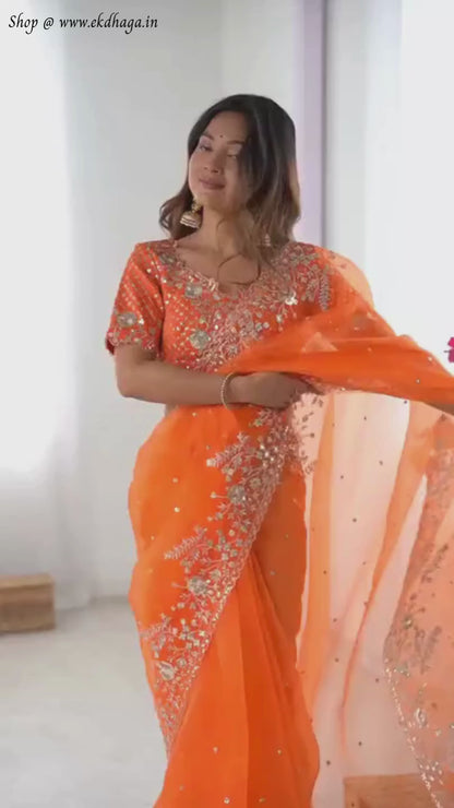True Orange Embroidered Organza Silk Saree