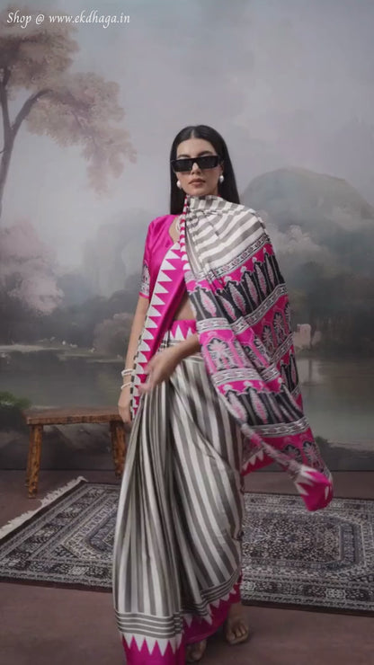 Pink & White Printed Satin Silk Saree