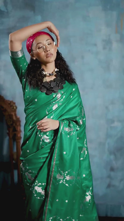 Jade Green Banarasi Satin Silk Handloom Saree