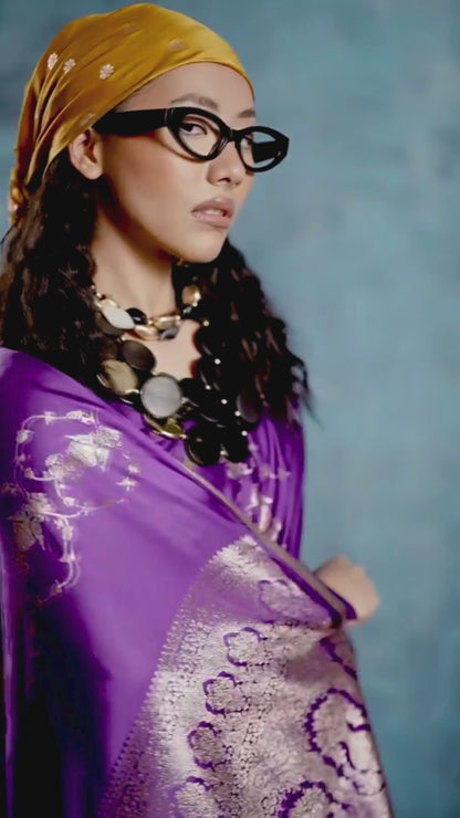 Iris Purple Banarasi Satin Silk Handloom Saree