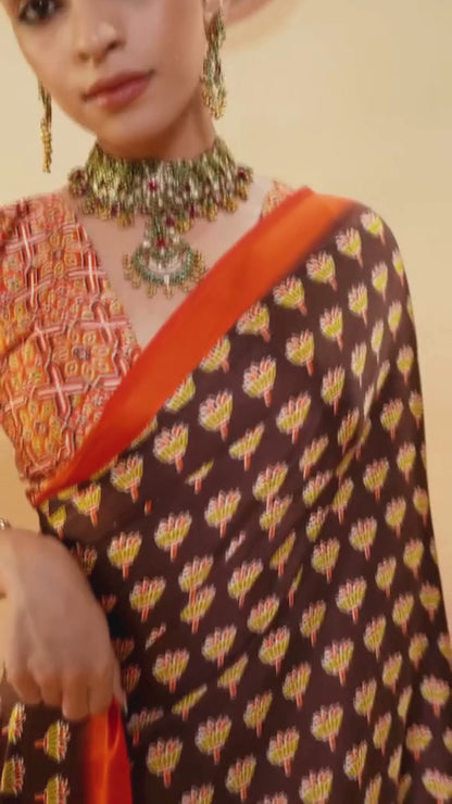 Mocha Brown Printed Satin Silk Saree