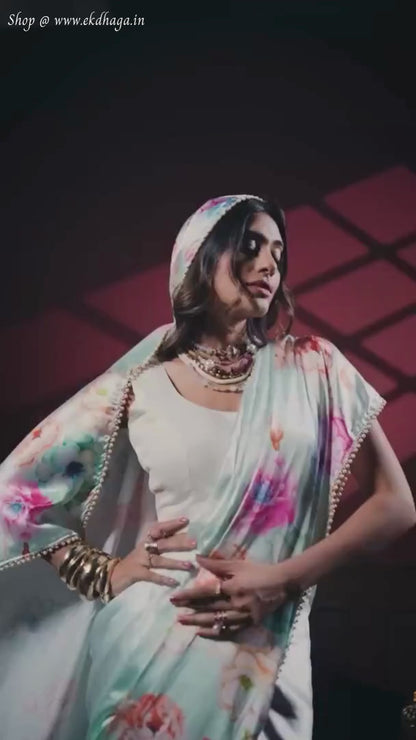 Pistachio Green Printed Satin Silk Saree