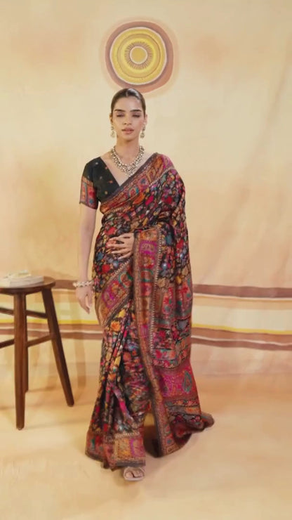 Night Black Woven Kashmiri Cotton Saree