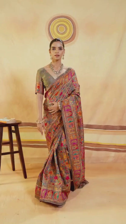 Ash Gray Woven Kashmiri Cotton Saree
