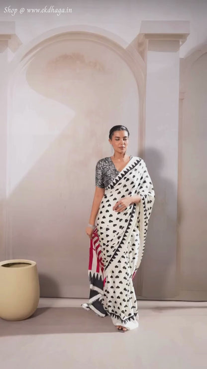 Snow White Printed Satin Silk Saree