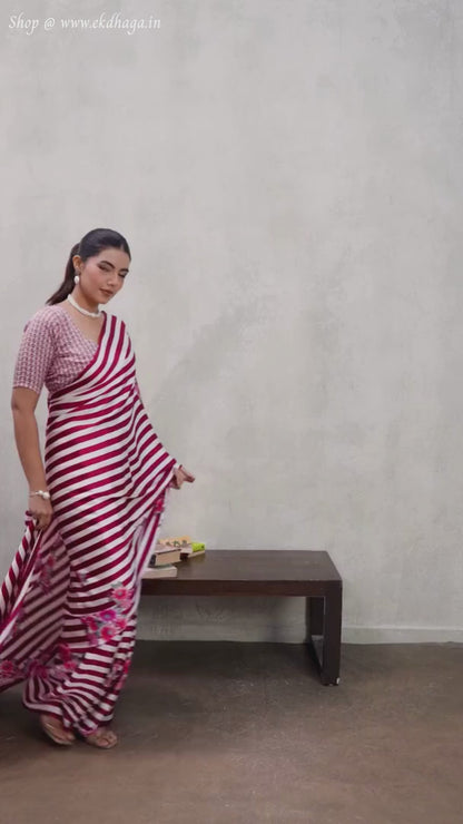 Magenta Pink Printed Satin Silk Saree