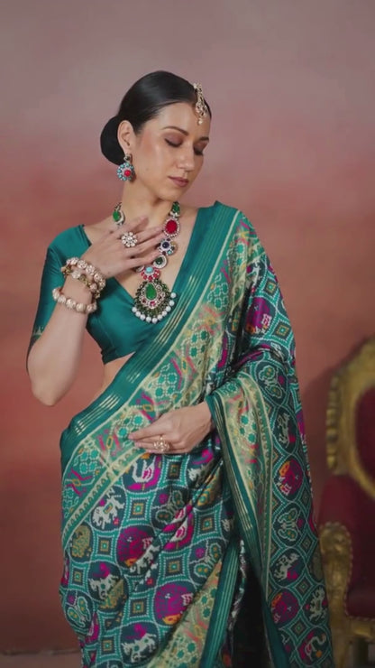 Rama Green Printed Patola Silk Saree