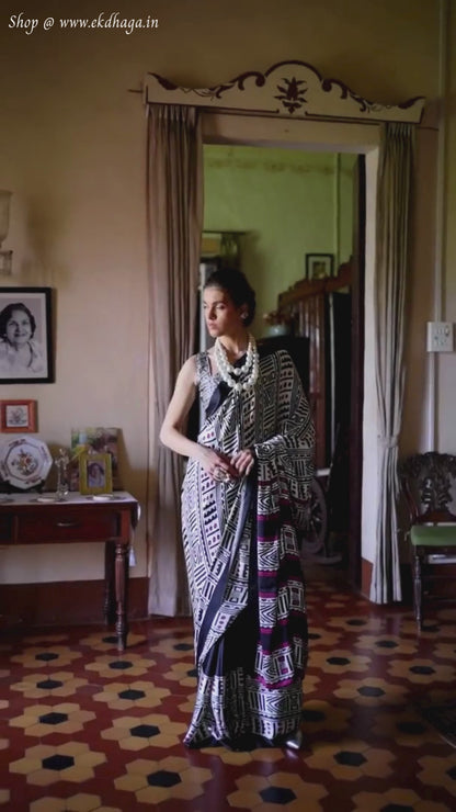 Black & White Printed Satin Silk Saree