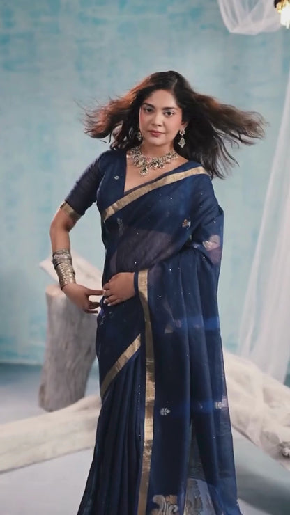 Oxford Blue Munga Silk Handloom Saree