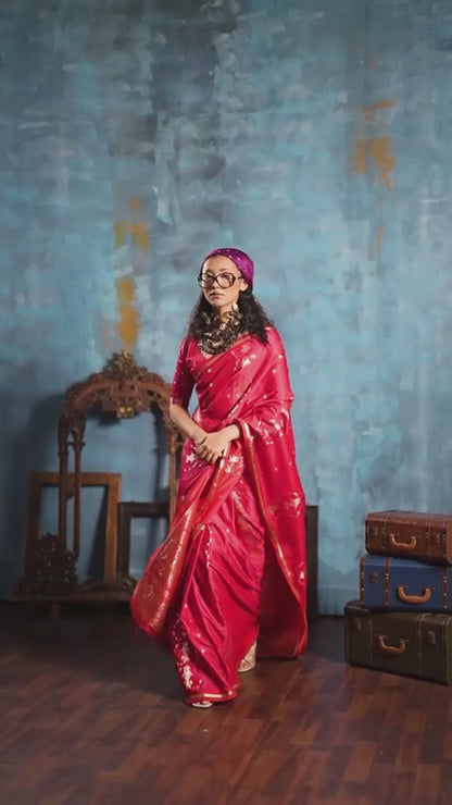 Scarlet Red Banarasi Satin Silk Handloom Saree