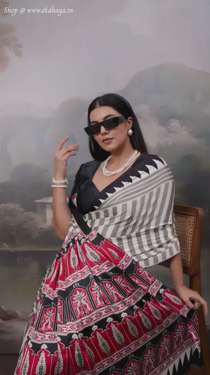 Black & White Printed Satin Silk Saree